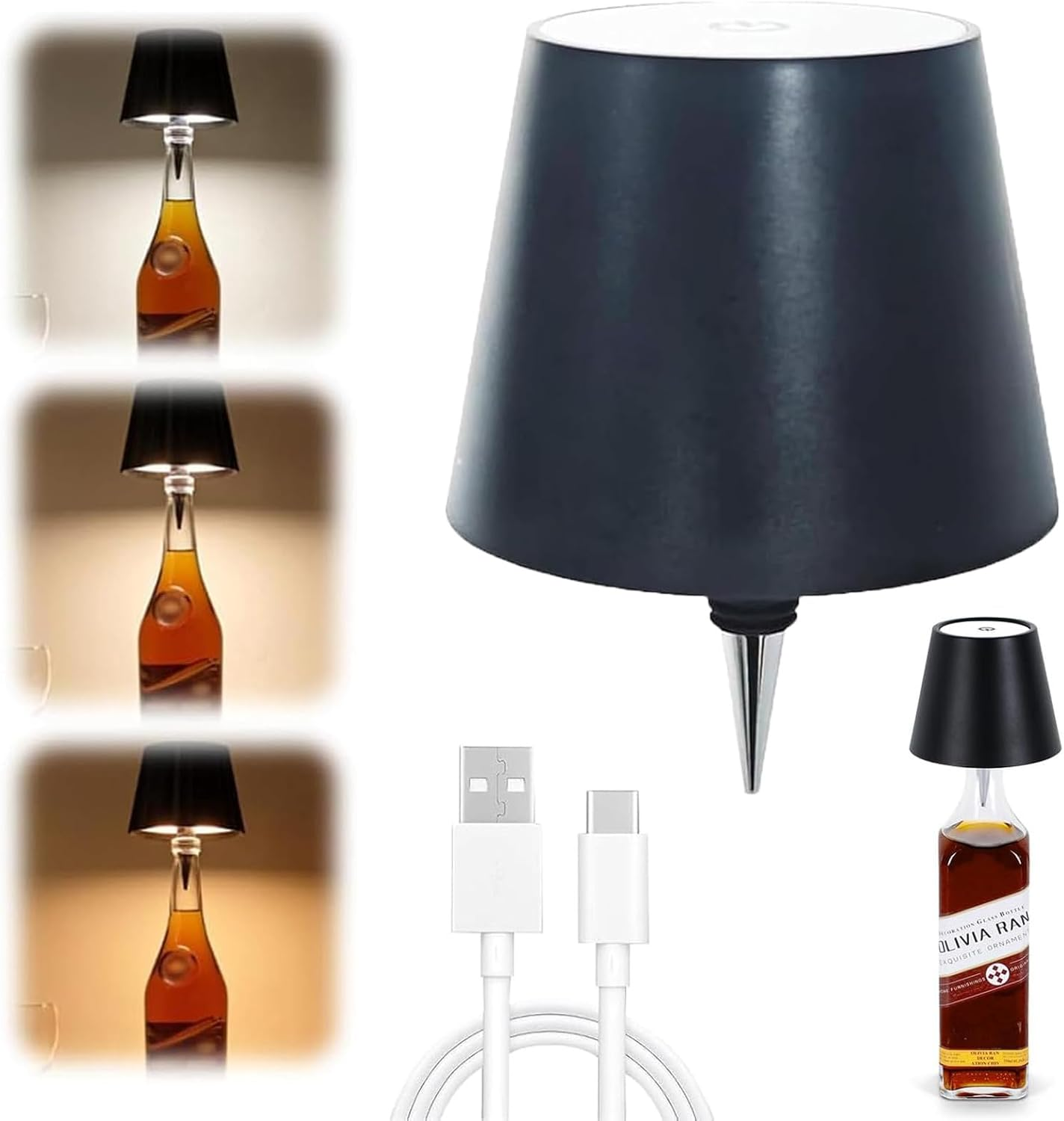 Wireless Bottle Lamp 2000Mah, Touch Table Light with 3 Color Stepless Dimming, Rechargeable Atmosphere Touch Lamp for Bars, Cafes, Restaurants, Bedrooms, Outdoor Environments (Black, 1Pcs)