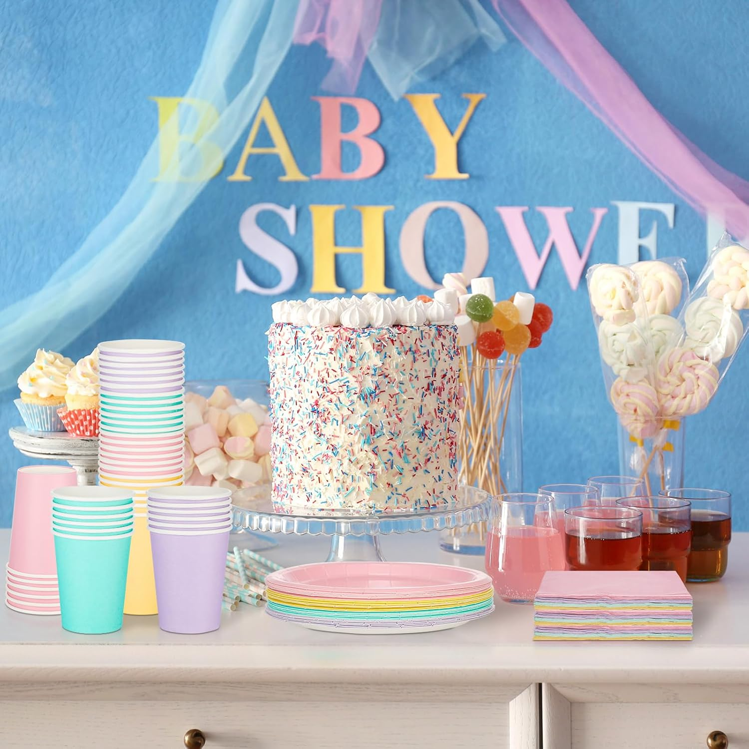 Meekoo 72 Pcs Pastel Party Decorations Birthday Party Paper Plates and Napkins Sets Disposable Macaron Color Party Paper Plates Napkins Cups for Birthday Baby Shower Party(Colorful) - Colorful image number 4