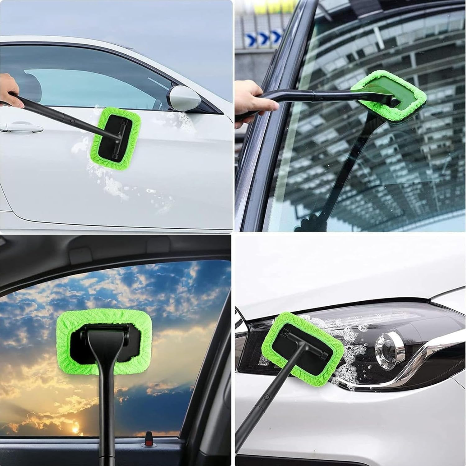 Car Windshield Cleaning Tool, Upgraded Windshield Cleaner with 5 Washable and Reusable Microfiber Pads and Extendable Handle for Auto Glass Wiper