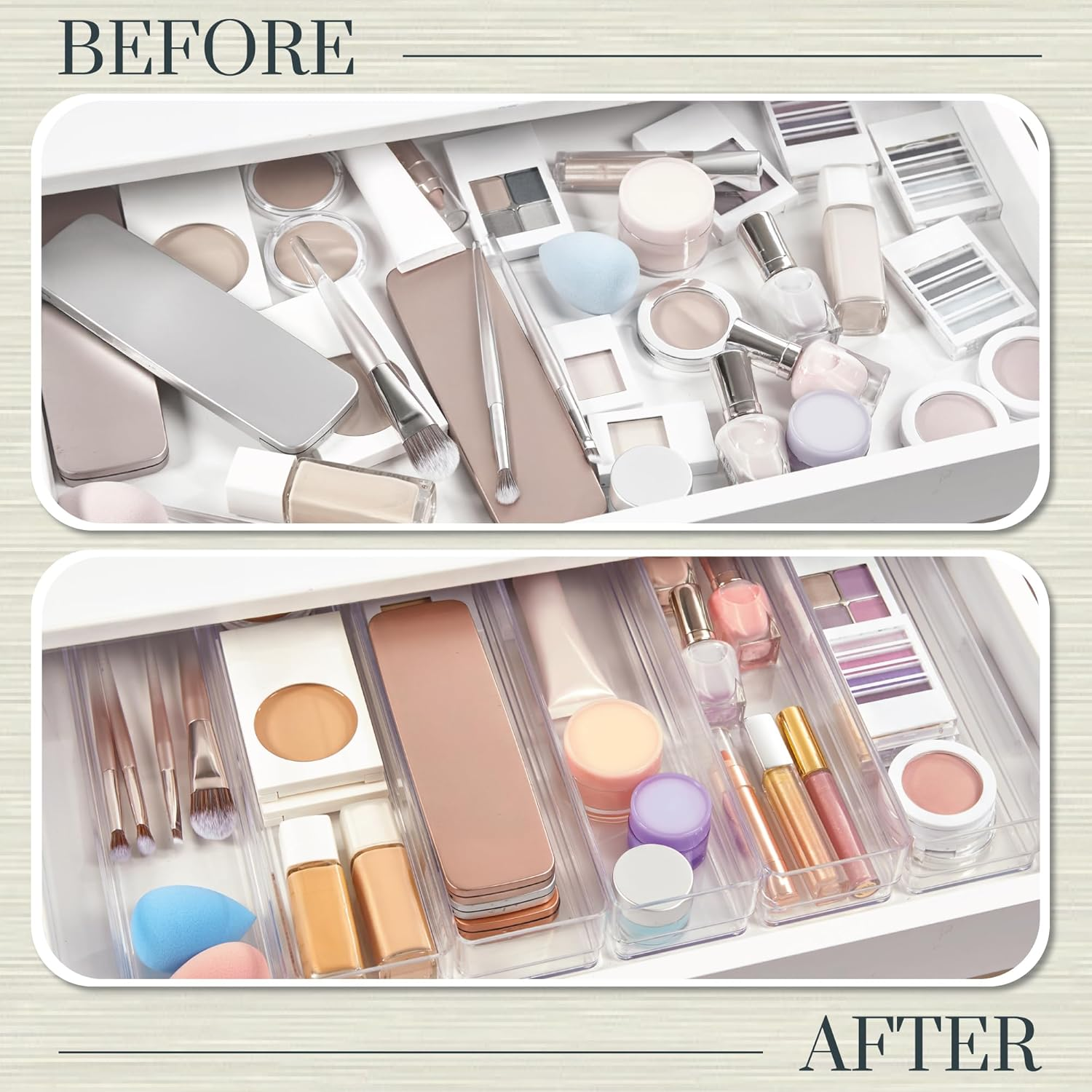 Stori Simplesort 6-Piece Stackable Clear Drawer Organizer Set | 12" X 3" X 2" Rectangle Trays | Narrow Makeup Vanity Storage Bins and Office Desk Drawer Dividers | Made in USA image number 6