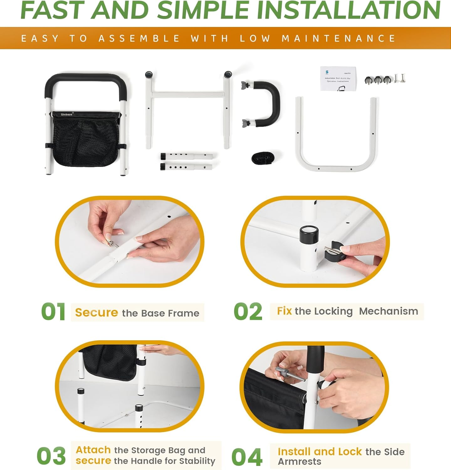 Bed Rails for Elderly Adults Safety - Adjustable Bed Cane with Non-Slip Ergonomic Handle and Storage Pocket, Stable Bed Assist Rails for Seniors Hold up to 150Kg, Fits All Bed Sizes image number 6