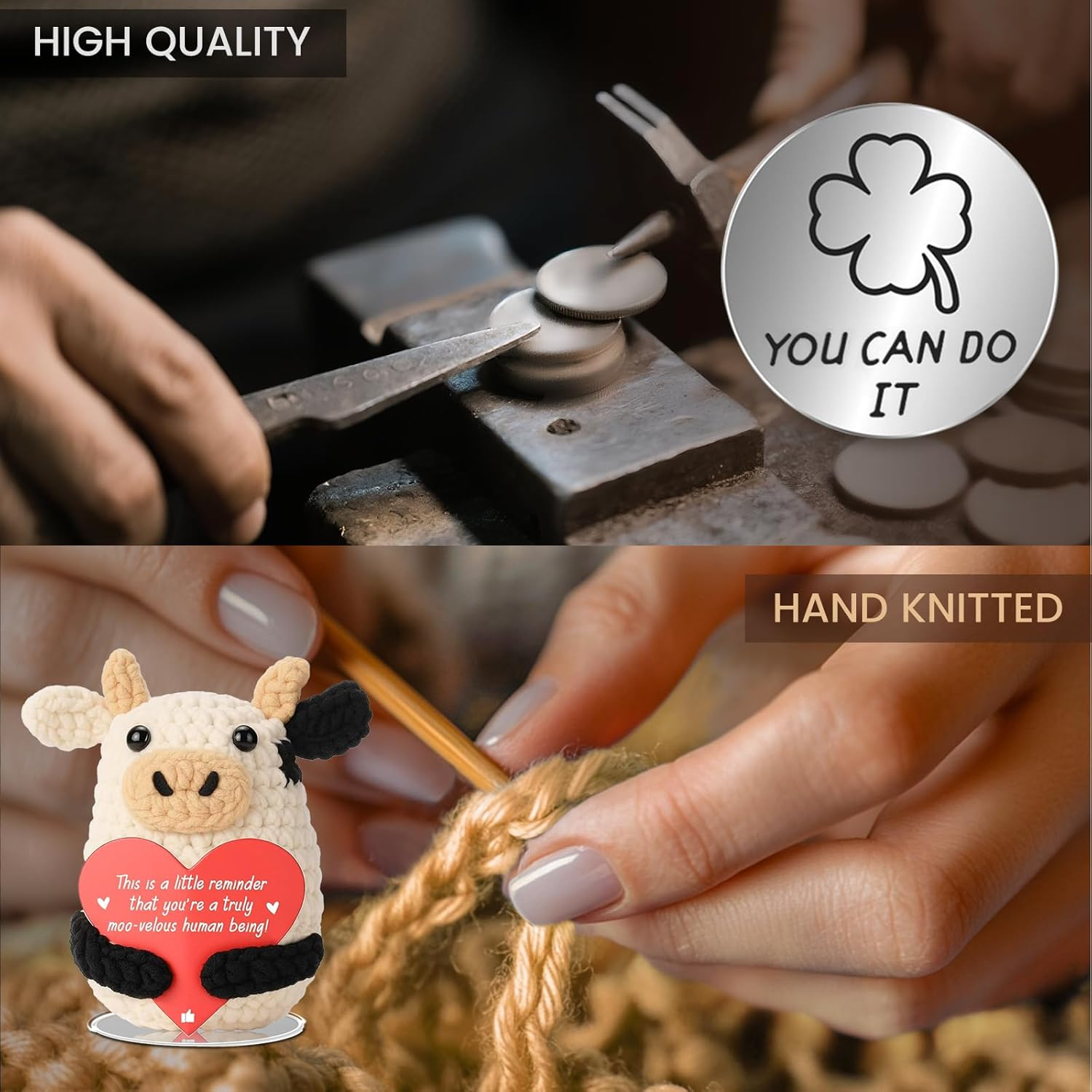 SZMDLX Positive Crochet Animals, Pocket Hug Positive Cow with Inspirational Cards in Gift Box, Emotional Support Good Luck Gifts for Women, Lucky Charm for Birthdays, Office & Home Desk Decor image number 6