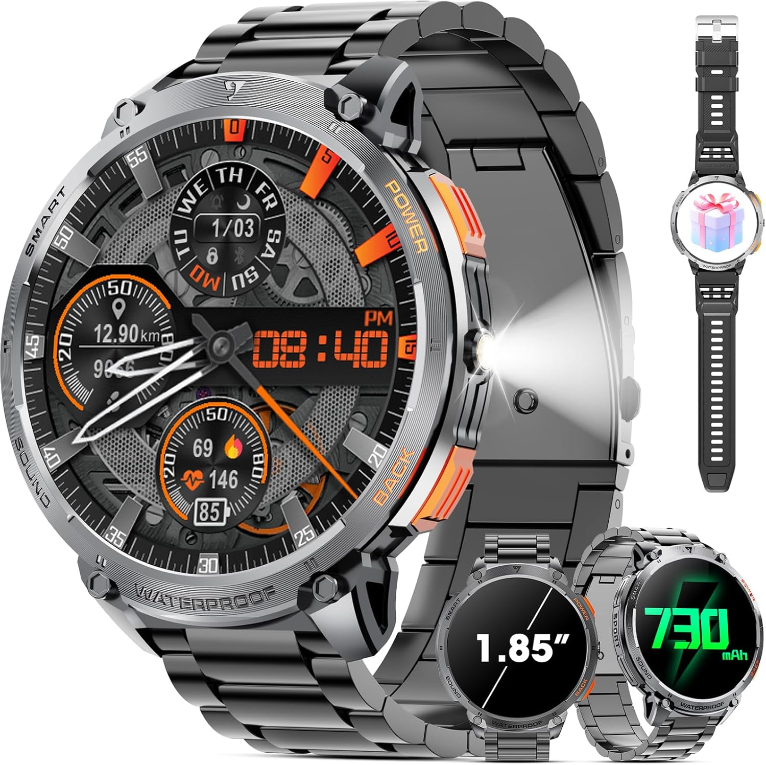 Military Smart Watch for Men 1.85" HD 730Mah Battery Smart Watches with LED Flashlight for Android Ios （Bluetooth Call Answer/Dial Calls） Fitness Tracker Black Steel Strip