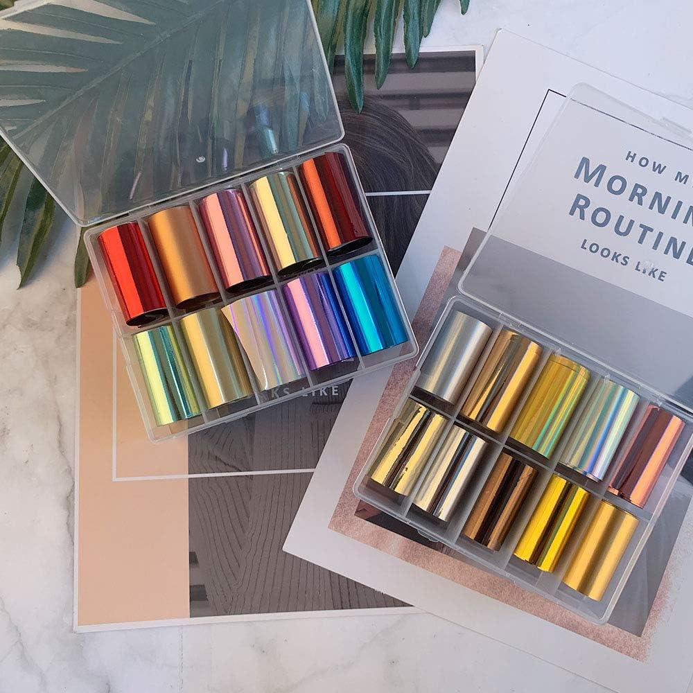 Nail Foil Stickers EBANKU 20 Rolls Holographic Nail Transfer Foil Sticker Nail Foil Adhesive Stickers Decals Gold Silver Nail Art Stickers for Women DIY Manicure Nail Decoration image number 2