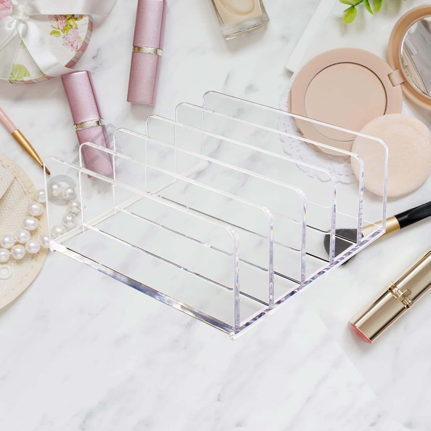 Halyuhn Acrylic Desk Organizer for Sorting Mail, Business Card 2 Pack, 5 Slot Mail Organizer Countertop, Clear Bill Money Divider for Cash Envelope, Acrylic Cell Phone Divider Holder for Charging image number 1