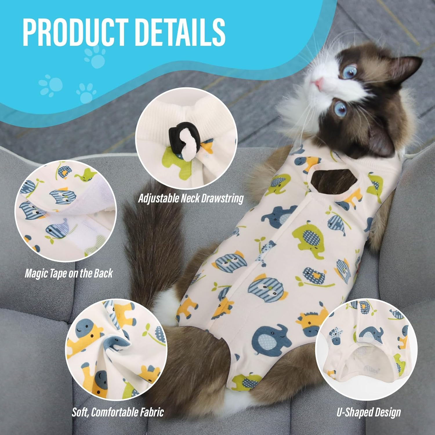 Viiotu Cat Recovery Suit Female, Kitten Onesie for Cats after Surgery, Breathable Soft Elastic Cat Clothes for Post-Surgery or Skin Diseases Protection,Cone of Shame Alternative (S, Blue Elephant) image number 4