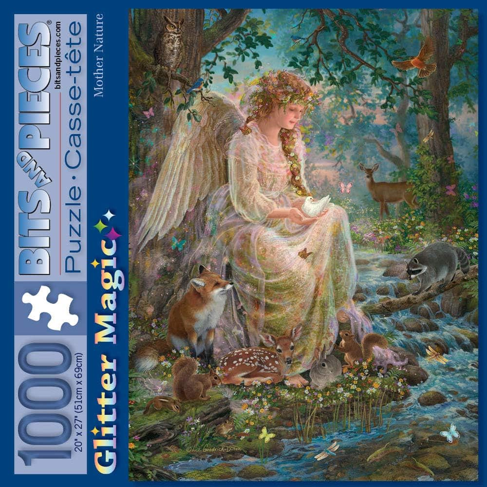 Bits and Pieces - 1000 Piece Glitter Jigsaw Puzzle for Adults - Mother Nature - 1000 Pc Forest Fantasy Angel Jigsaw by Artist Liz Goodrick-Dillon