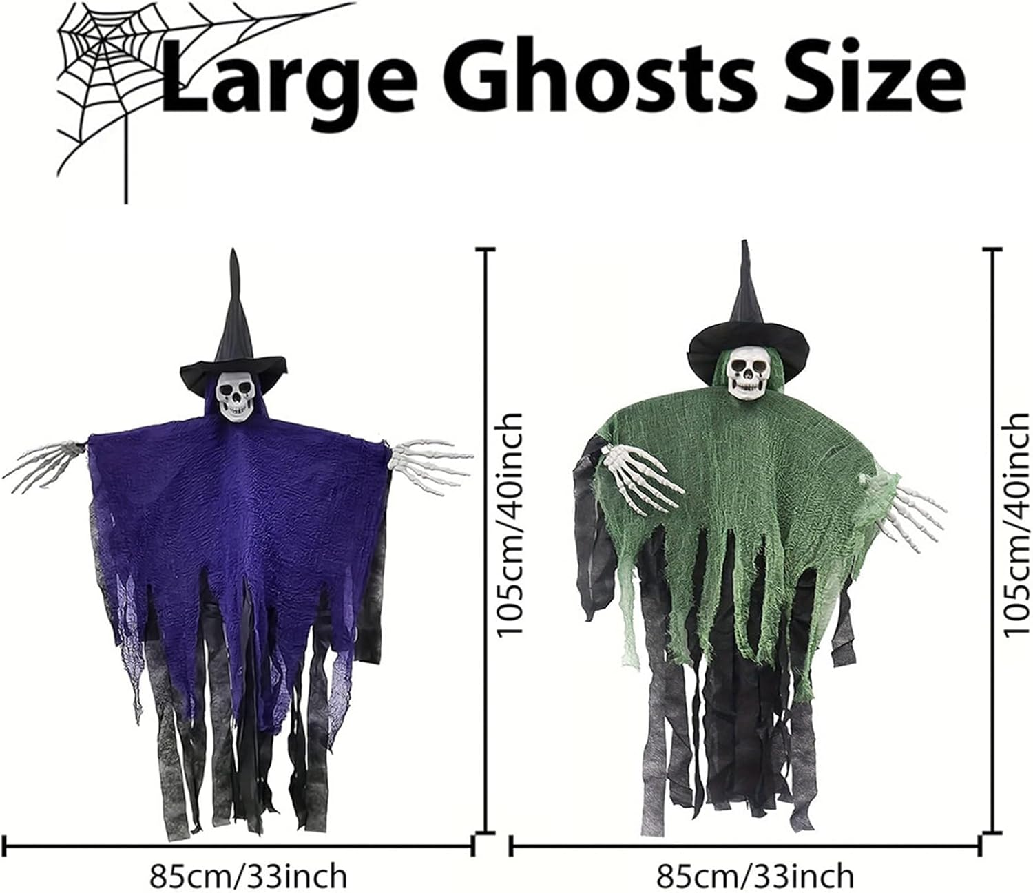 Halloween Decorations Outdoor, 2 Pack Halloween Hanging Witch, 41Inch Hanging Skeleton Ghost,Scary Flying Ghost with Wizard Hat for Haunted House Decor, Patio Porch Skull Prop (Purple+Green) image number 1