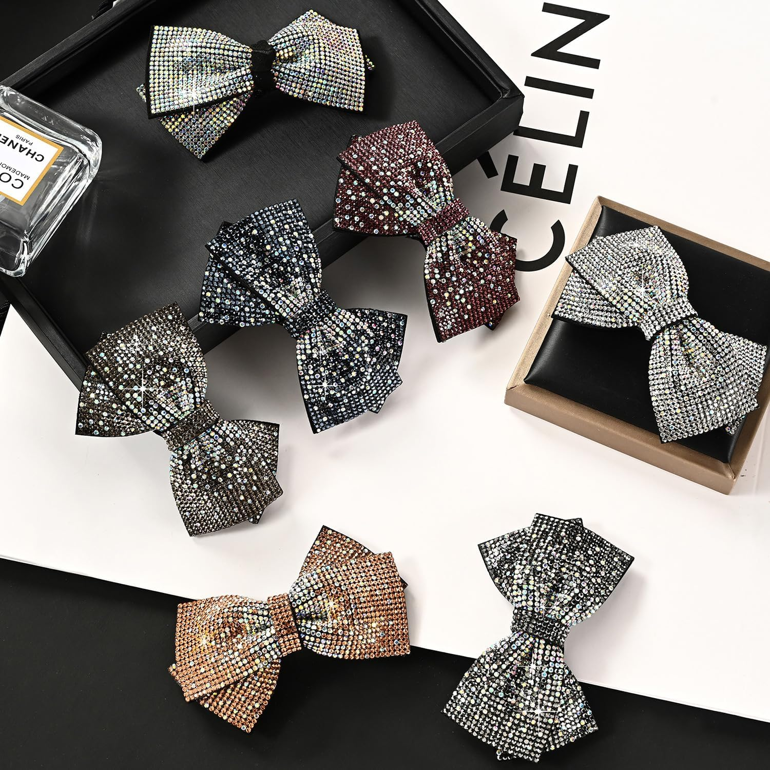 Whakano Glitter Hair Clips with Rhinestone Bow, Large Hair Bows Clip for Women and Girls, Automatic Hair Clips, Elegant Girls Hair Accessories, Hair Styling Accessories, Hair Clips, Black B