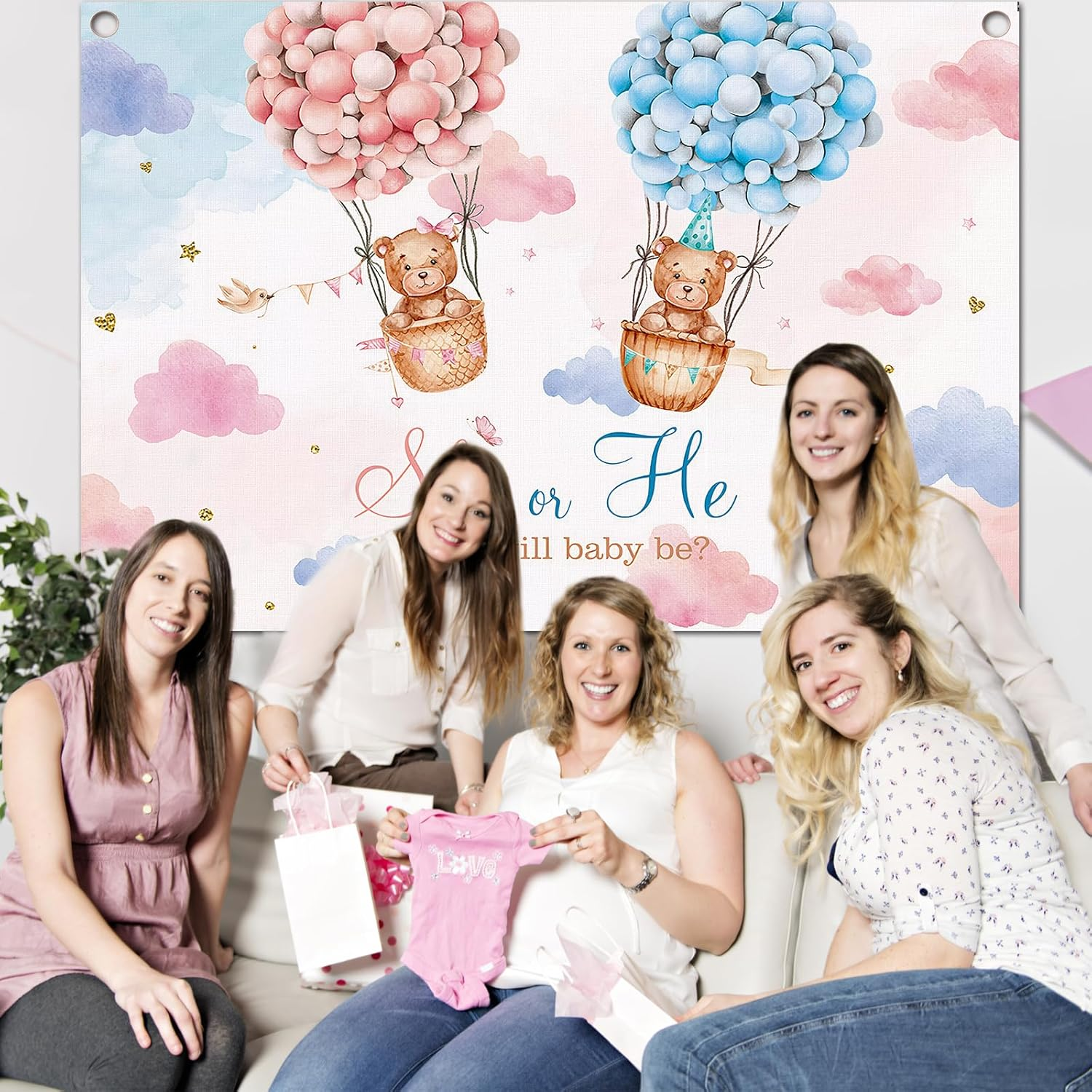 Pink and Blue Gender Reveal Backdrop She or He Background Banner Gender Reveal Party Decoration Lovely Balloon Cloud Bear Pregnancy Announcement Backdrop for Baby Shower Decoration 180 * 120Cm (A)