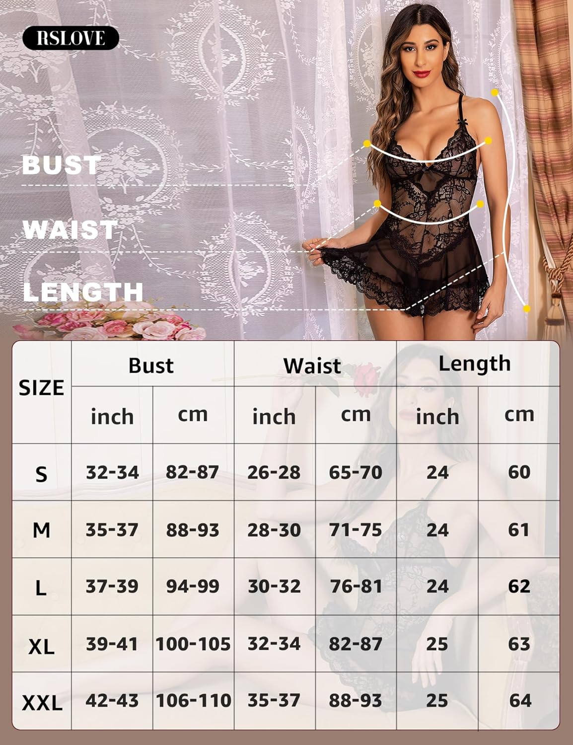 RSLOVE Babydoll Lingerie for Women Lace Chemise Sexy Nightgown Sleepwear Dress image number 4