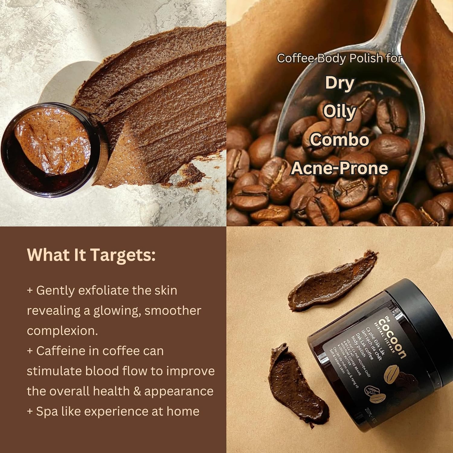 Cocoon Dak Lak Coffee Body Polish with Coconut & Shea Butter. 100% Vegan Exfoliating Scrub for Smooth & Glowing Skins | Reduce Stretch Marks, Acne & Cellulite | 200Ml image number 6