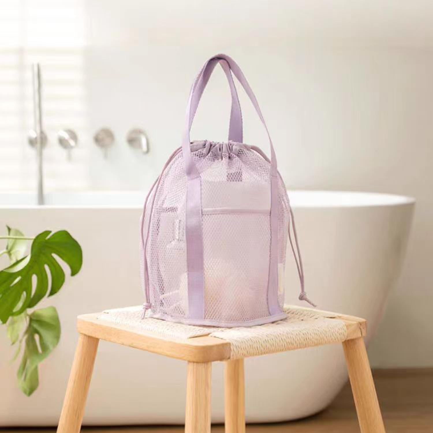 Portable Mesh Shower Caddy with Drawstring Pockets - Hanging Toiletry Bag for College Dorms, Travel, Gym & Camping, Quick-Dry Bathroom Organizer for Beach, Swimming, Essential Shower Tote (Purple) image number 5