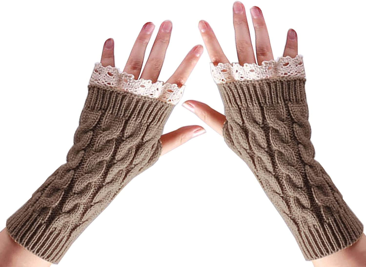 CENZICOM Women Knit Arm Warmer Winter Fingerless Thumb Hole Mitten Soft Gloves with Lace