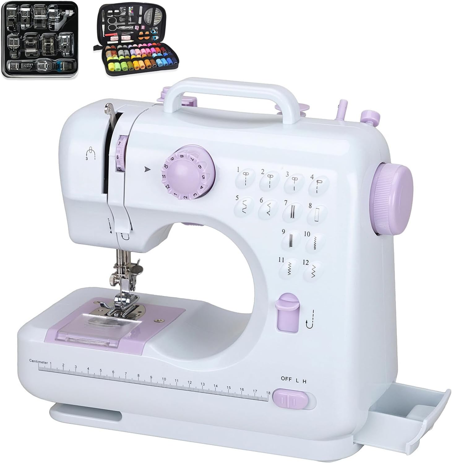 Sewing Machine, Mini Sewing Machine for Beginners, with 97 Pieces Sewing Kit & Case, Portable Sewing Machines, 12 Built-In Stitch Patterns, Light, 11 Sewing Machine Presser Feet - Purple & White image number 2