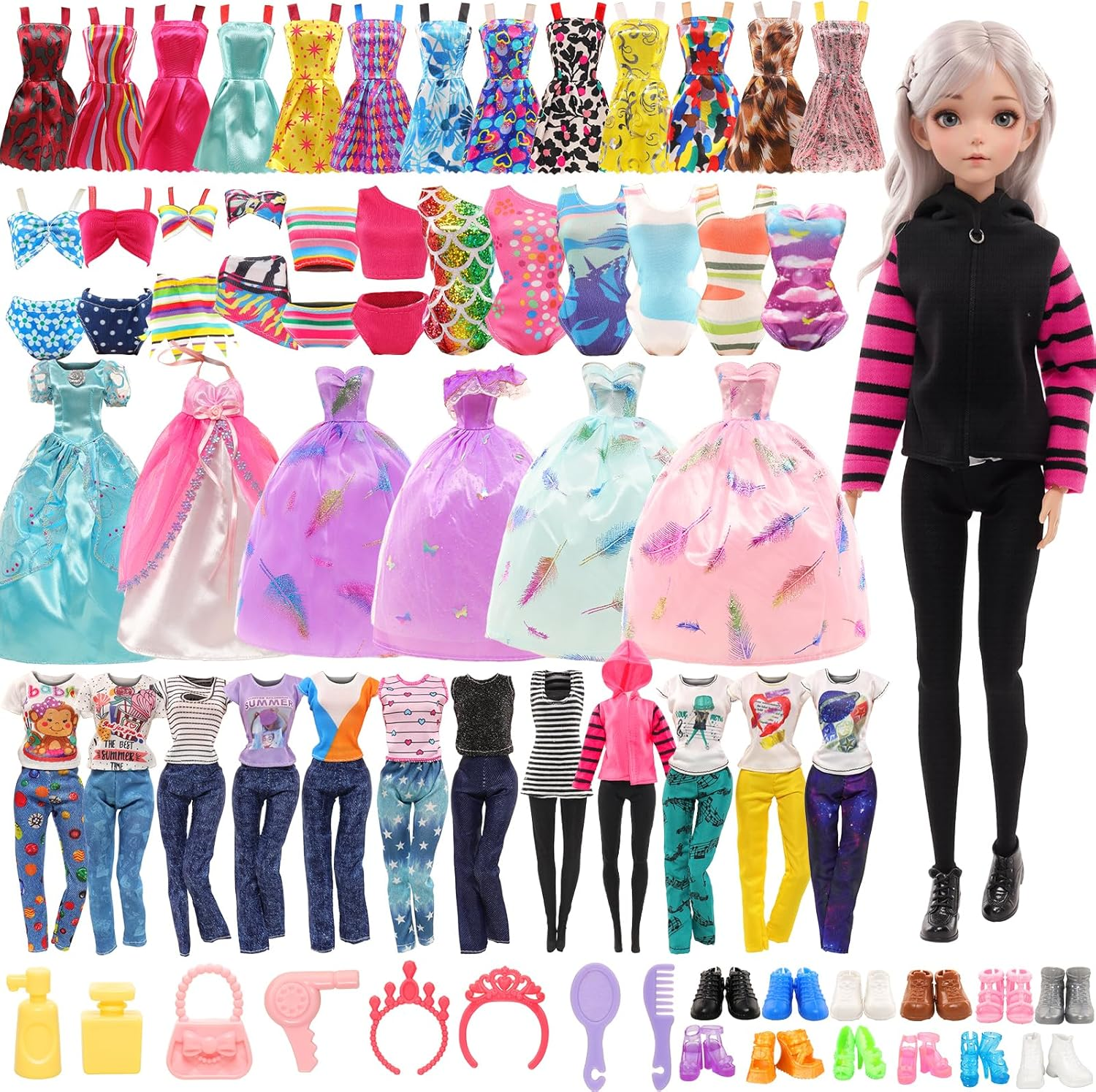 Barwa 38 Pieces (Random Selected) for 11.5 Inch 30Cm Doll: 2 Wedding Dresses + 2 Tops + 2 Pants + 2 Swimwear + 12 Fashion Dresses + 10 PCS Shoes + 8 Accessories image number 5