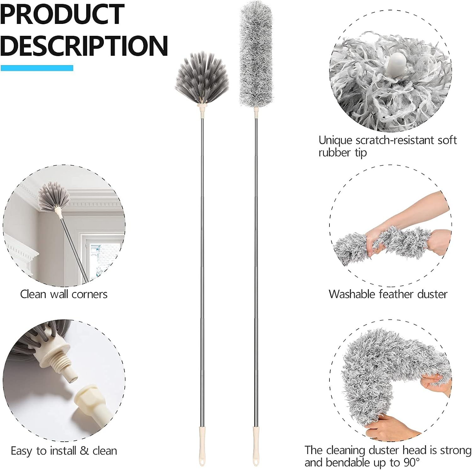 Microfiber Duster, Necomi&reg; with Extension Pole(Stainless Steel) 30 to 100 Inches, Reusable Bendable Dusters, Washable Lightweight Dusters for Cleaning Ceiling Fan (3PCS) image number 3