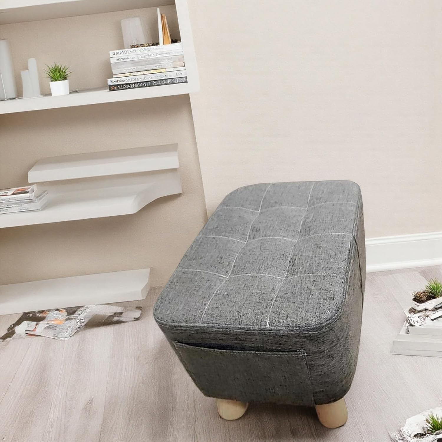 Modern Ottoman Footstool with Wooden Legs, 40 X 28 X 28 Cm, Fabric, Wooden Frame, 150 Kg Capacity A265 (Black) image number 5