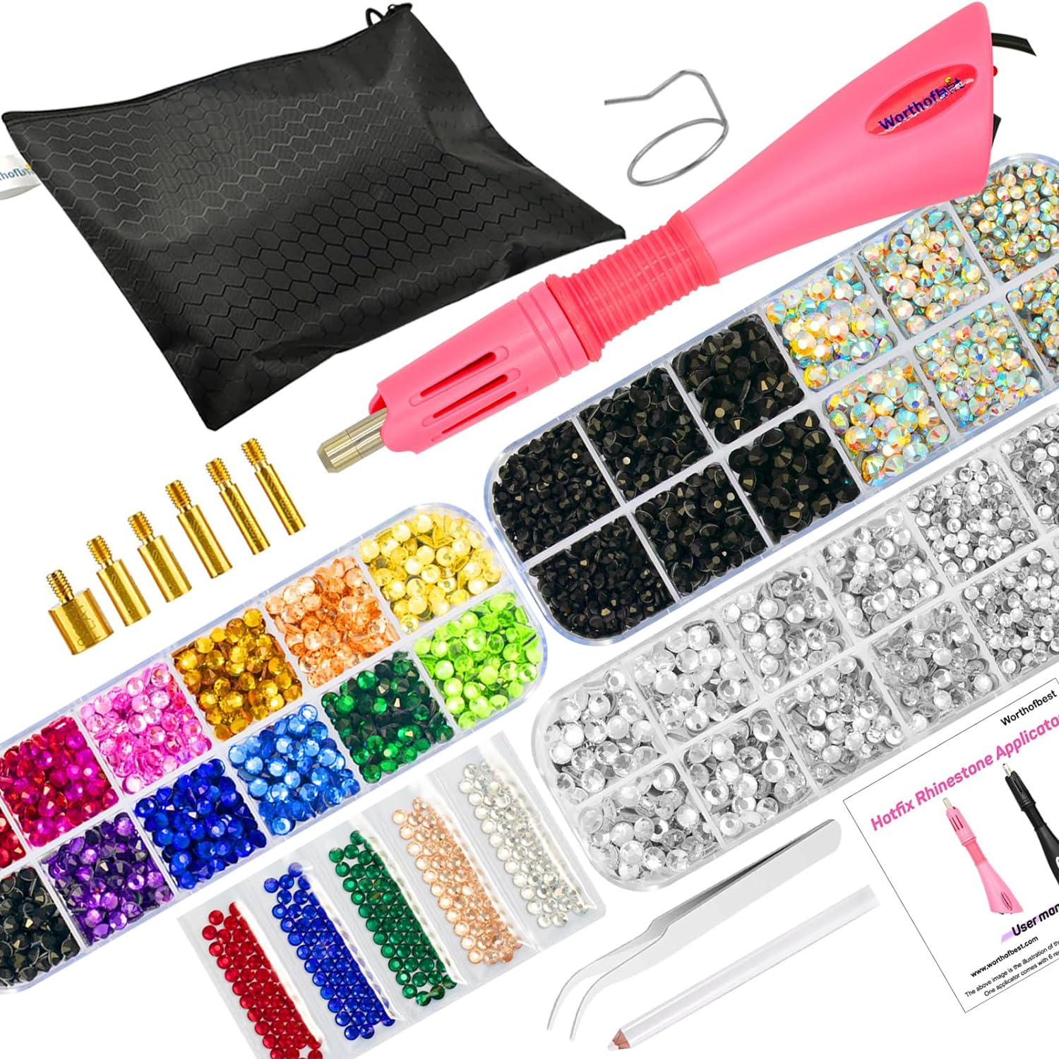 Hotfix Applicator, Hot Fix Rhinestones Setter Applicator Tool, Bedazzle Kit with Rhinestones,3 Boxes Ab,Rainbow,Clear,Color Rhinestones, Including Tips, Tweezers, Pencil, Tray, SS10,SS16,SS20, 4360Pcs image number 2