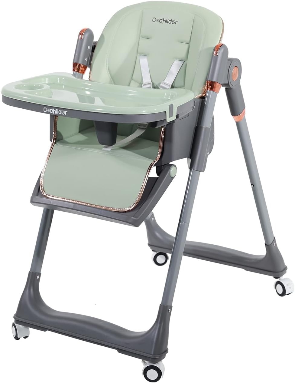 Baby High Chair | 3-In-1 Foldable Toddler High Chair with 5-Point Harness, Double Tray, and Adjustable Footrest, Green