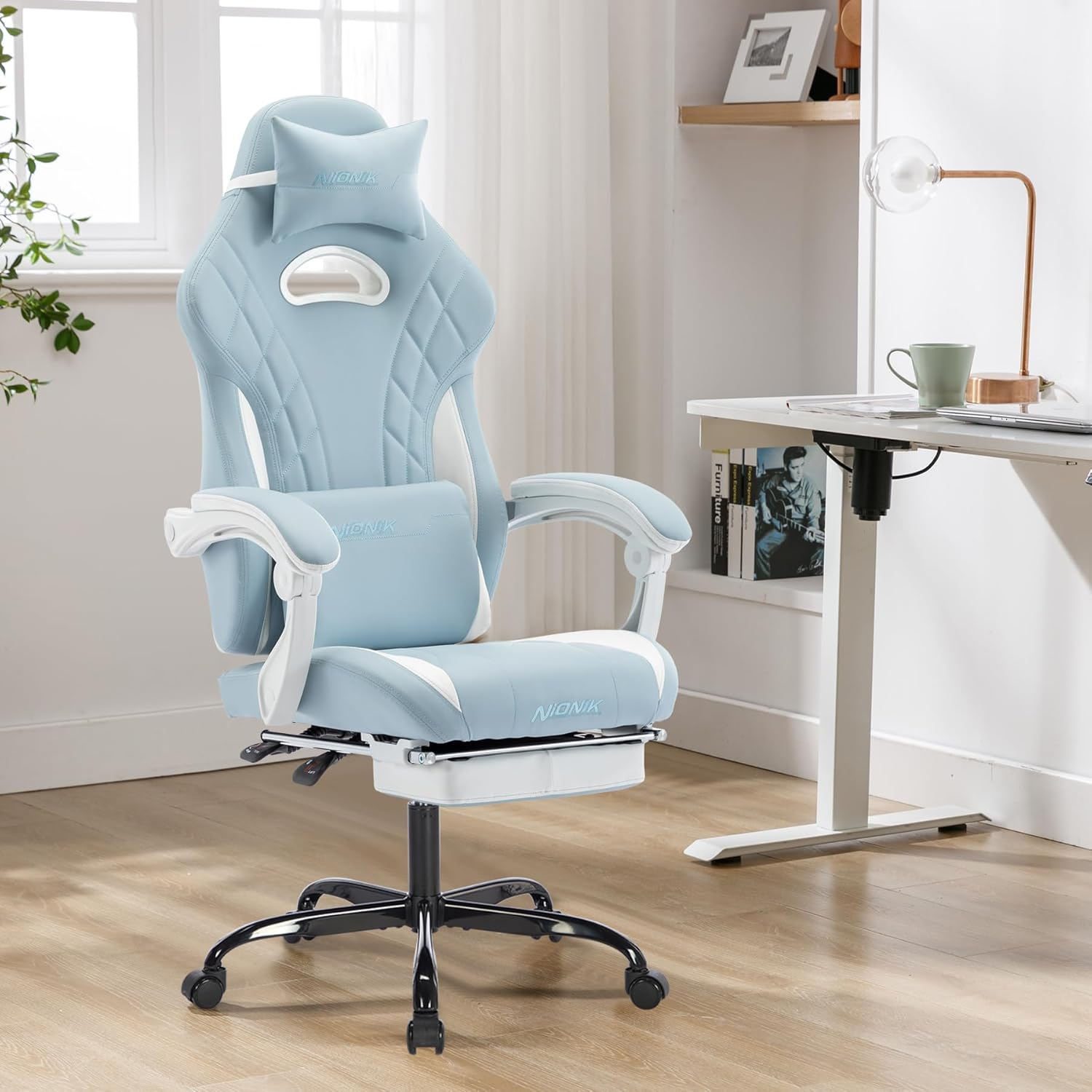 Segedom Gaming Chairs High Back Massage Game Chair with Footrest Computer Reclining Chair with Headrest and Lumbar Support for Big and Tall PVC Leather Gaming Chair for Adults (Cyan White) - Blue image number 4