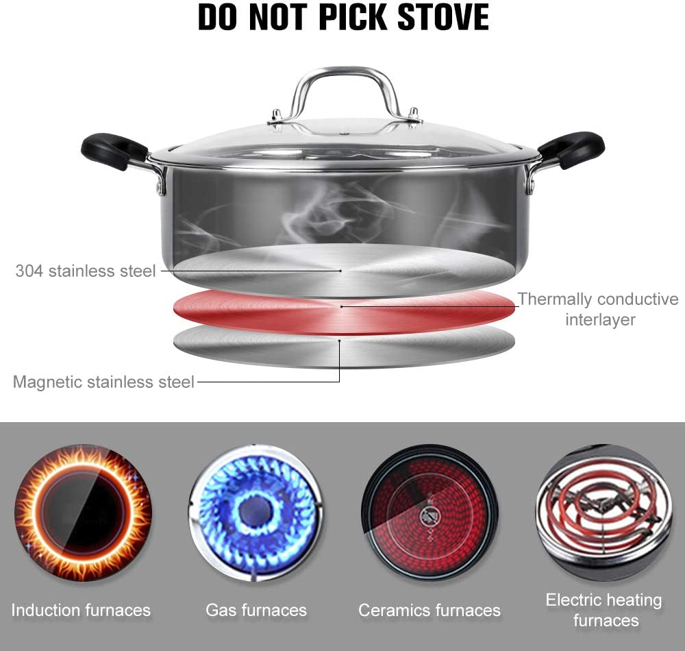 Hot Pot with Divider Stainless Steel Shabu Shabu Pot for Induction Cooktop Gas Stove 11'' Suitable for 2-3 Person (11 Inch)