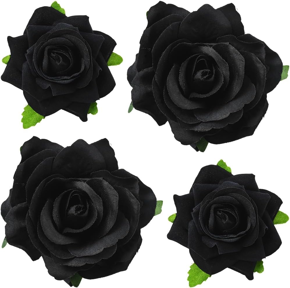 SOFPLATE Pack of 4 Black Rose Hair Clips Flowers Hair Brooch 2 in 1 Fabric Flower Clips Brooches Hats Bags Clothing Hair Pins Decoration Accessories for Wedding Party Halloween Fancy Dress Accessories image number 5