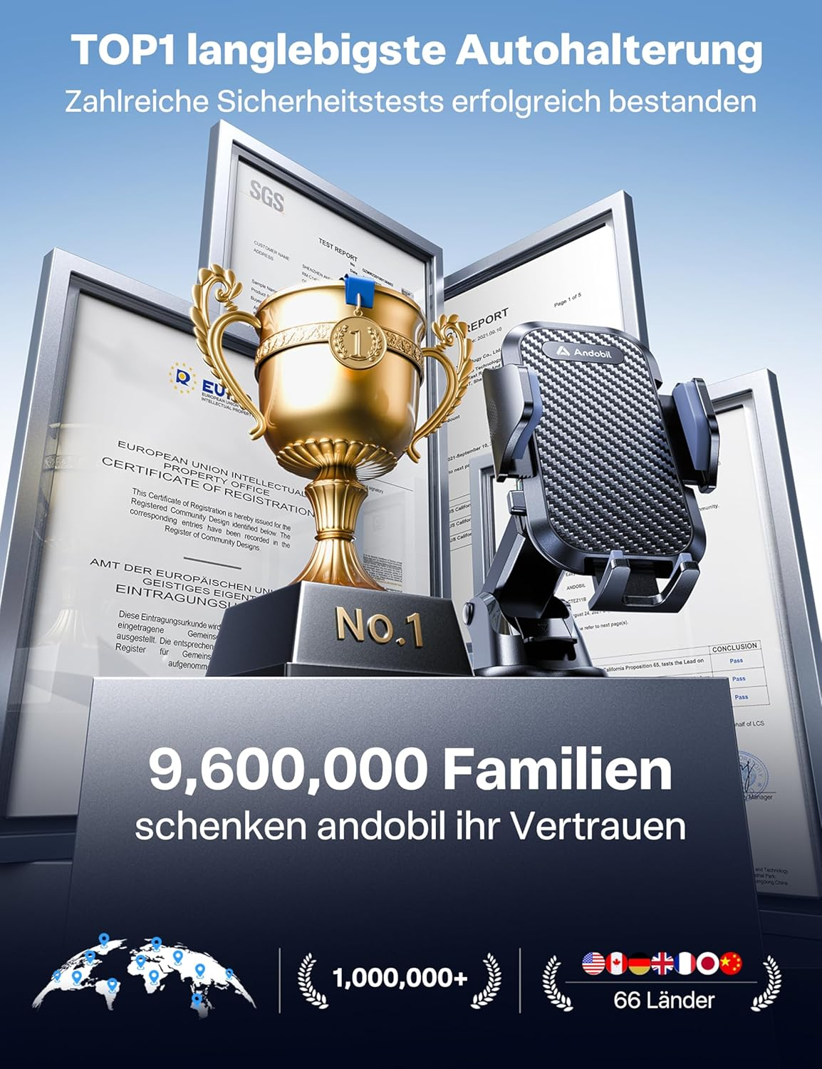 Andobil Car Phone Holder, [Ultra Stable] Hands Free Phone Mount for Dashboard, Windscreen, Air Vent, Desk, Universal Phone Stand Compatible with Iphone 12, 11, XR, XS, SE, Samsung Galaxy S20, Note 22 image number 4