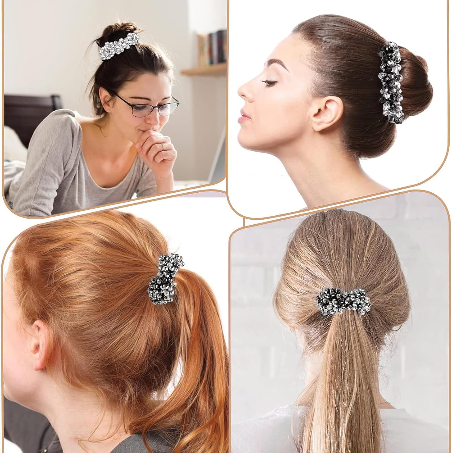 Tavvke 3 Pcs Rhinestone Hair Ties, Crystal Elastic Scrunchies, Non-Slip Beaded Ponytail Holders, Sparkly Hair Accessories for Women and Girls image number 4