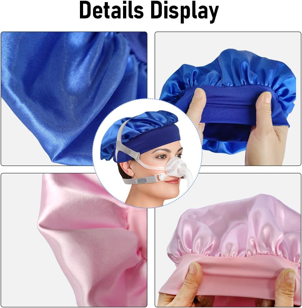 Toeloioh 2Pcs Satin Headgear Strap Covers for Oxygen Machine Users, Sleep Hair Protector Cap for Women to Prevent Tangles &Frizzy,Elastic Hair Cover Bonnet, Oxygen Accessories(Blue&Pink) image number 3