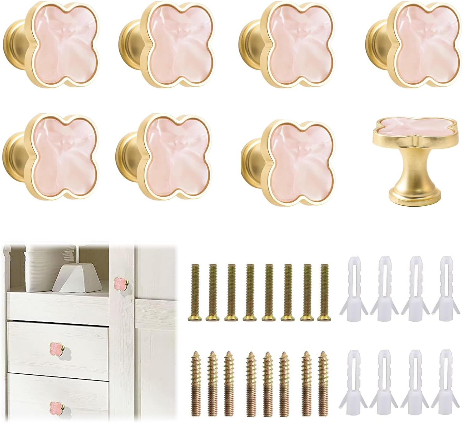 Xinghonyac 8 Pcs Clover Four-Leaf Cabinet Knobs, Cabinet Drawer Pulls Cabinet Knobs, Zinc Alloy Single Hole Door Handle for Dresser, Wardrobe, Cupboard (Pink)