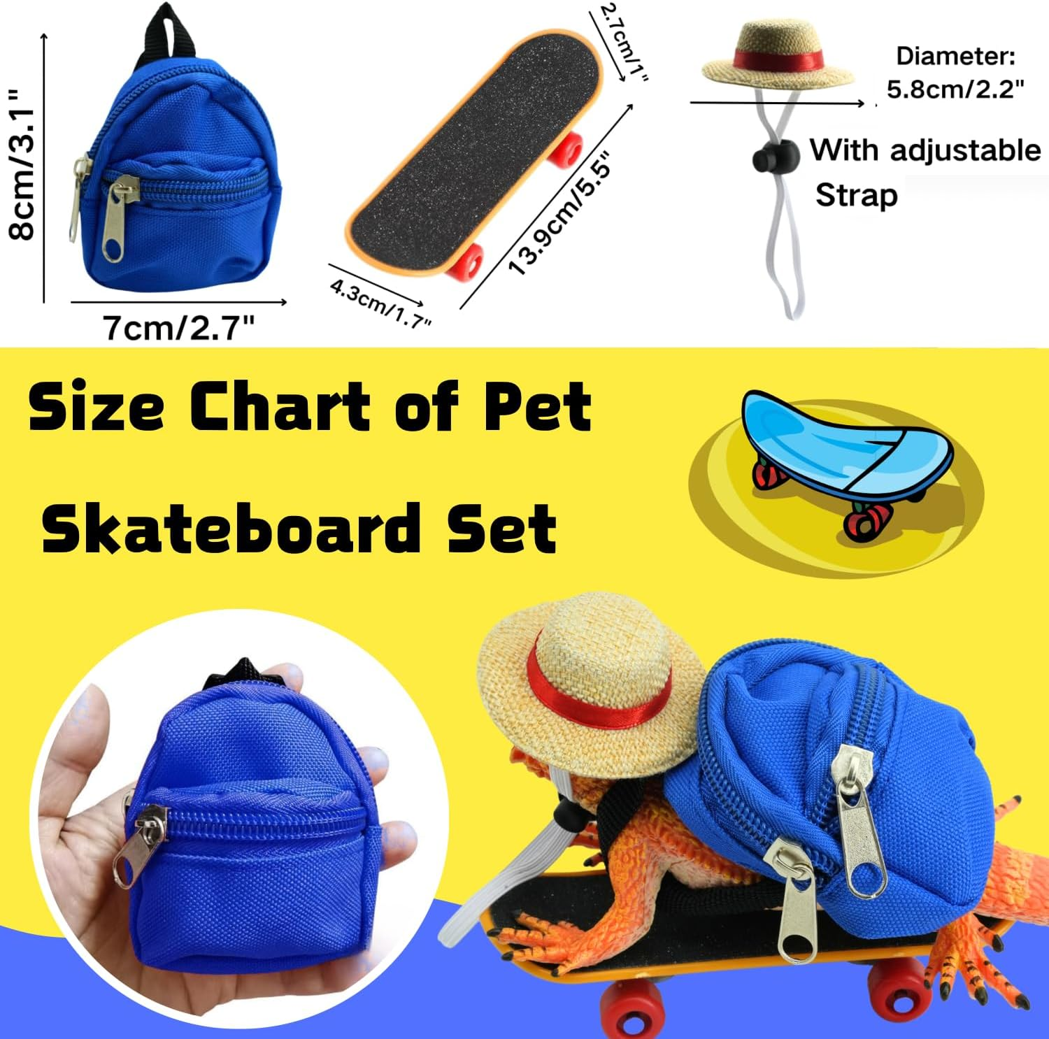 3 Pack Bearded Dragons Accessories Toy Lizard Backpack Adjustable Hat and Mini Skateboard Fit for Lizard Bearded Dragons Hamster Parrot Little Turtle Reptiles Small Animals image number 5