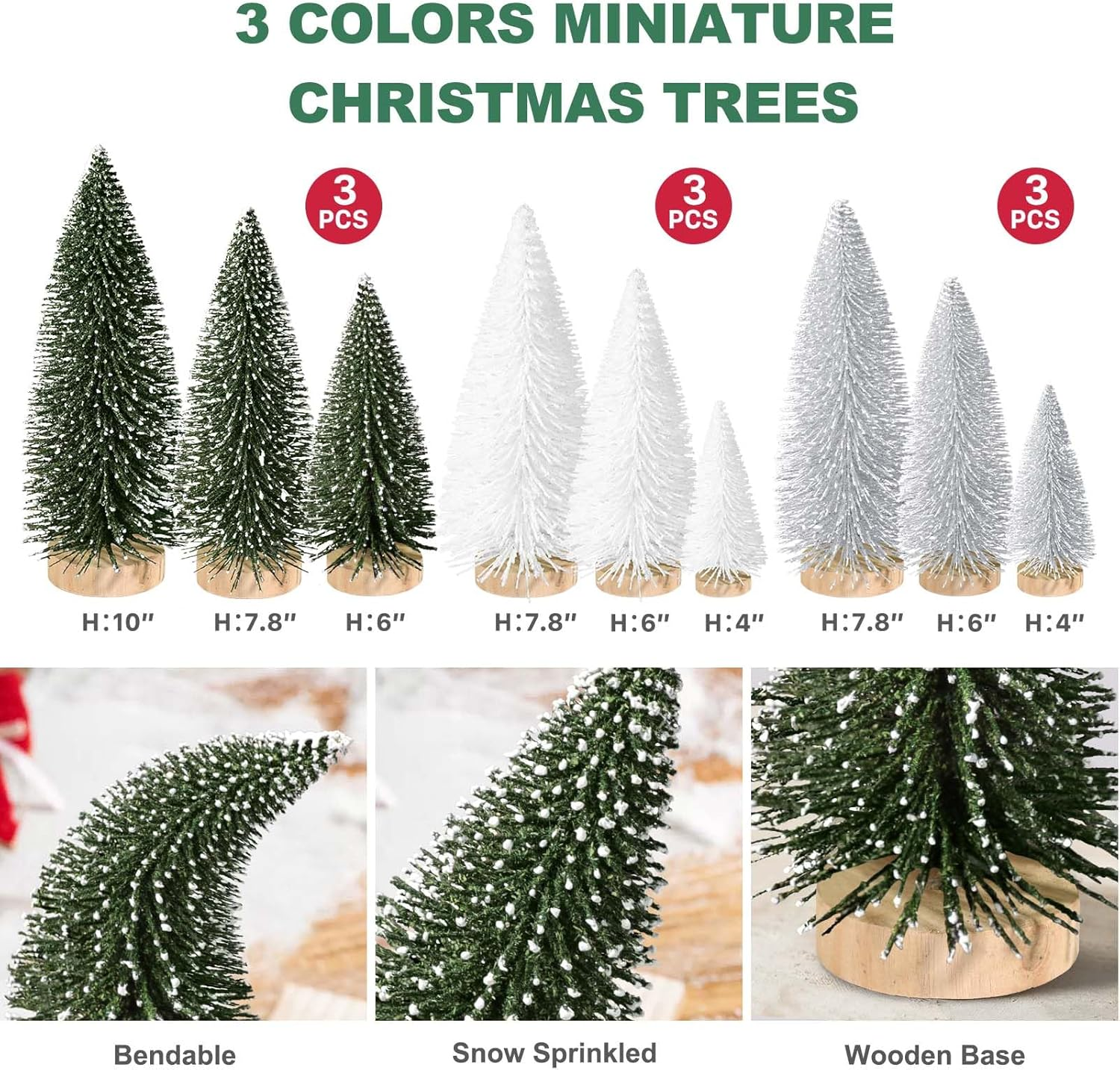 9Pcs Mini Christmas Tree Desktop, Artificial Christmas Pine Tree, Mini Bottle Brush Trees Tabletop, Small Sisal Trees with Wooden Bases, Xmas Holiday Decor (Green-Silver-White) image number 2