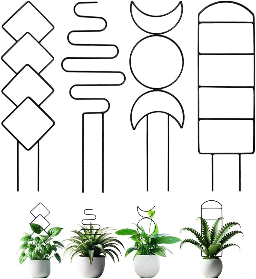 4 Pack Metal Plant Trellis for Climbing Plants, Small Garden Support for Indoor Potted Vines, Ivy & Flowers, Decorative Outdoor Vine Trellis with Different Patterns image number 1
