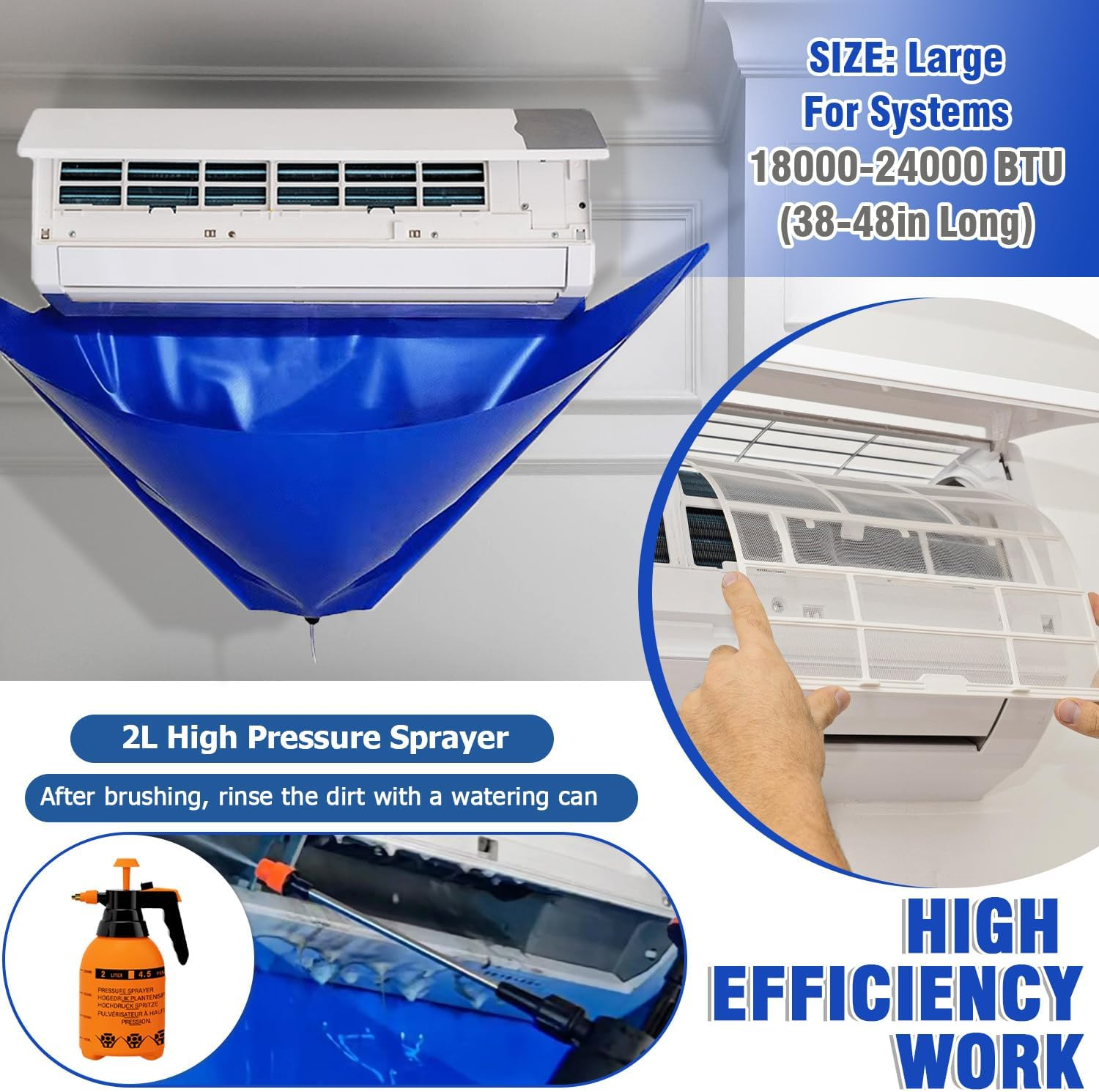 BOJACK Mini Split Cleaning Bag Kit with 2L High Pressure Sprayer, Air Conditioner Cleaning Kit, Air Duct Cleaning Kit, AC Cleaning Bag Fits Systems 38In - 48In Long image number 1