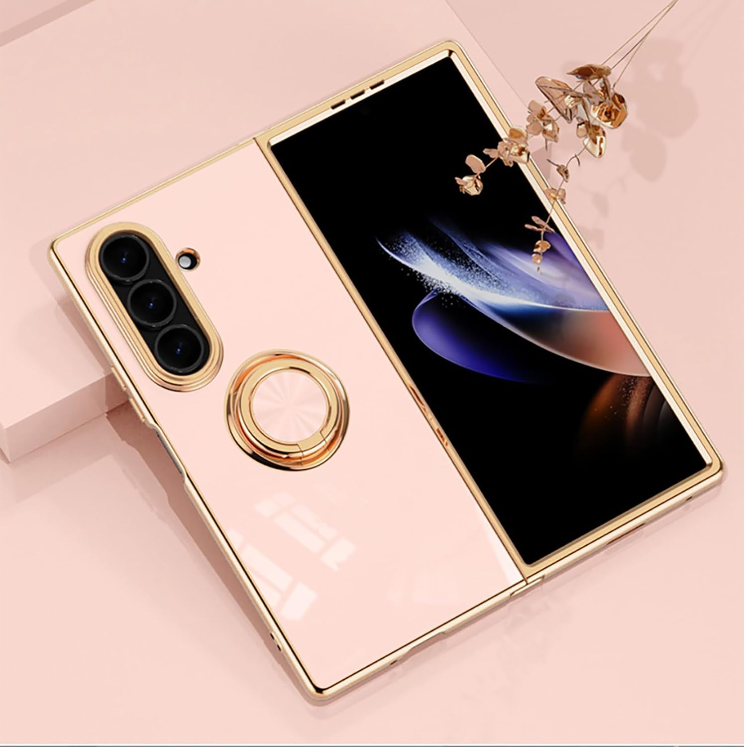 ILING Case for Samsung Galaxy Z Fold 7 with 360 Degree Ring Stand, Luxurious Galvanised Gold Trim, Soft TPU Silicone, Shockproof Protective Case, Ultra Thin Women'S Mobile Phone Case (Black)