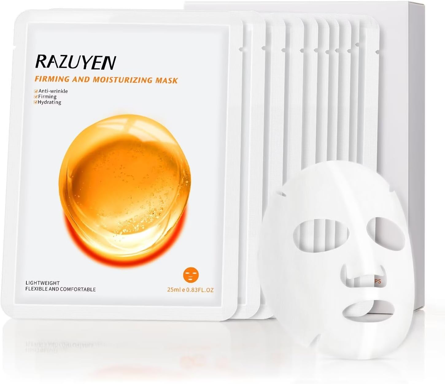 RAZUYEN Firming and Moisturizing Sheet Face Masks with Hyaluronic Acid and Peptides, Reduce Fine Lines and Wrinkles, Hydrating & Anti-Aging Spa Face Mask, Facial Skin Care (Pack of 10)