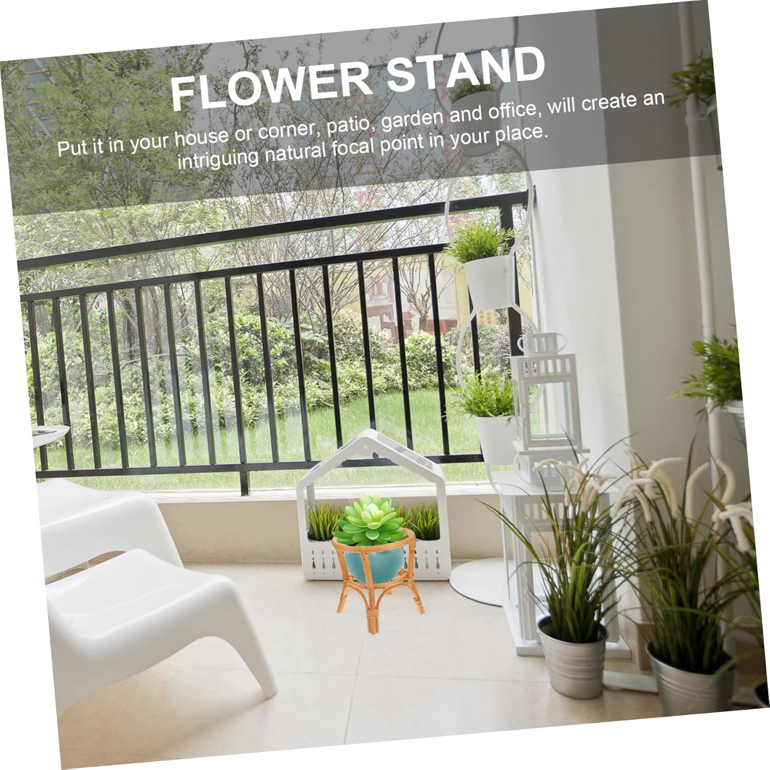 VINTORKY Rattan Flower Stand for Desktop Gardening Pot Holder Natural Material for Balcony Plant Pot Displaying Shelf image number 3