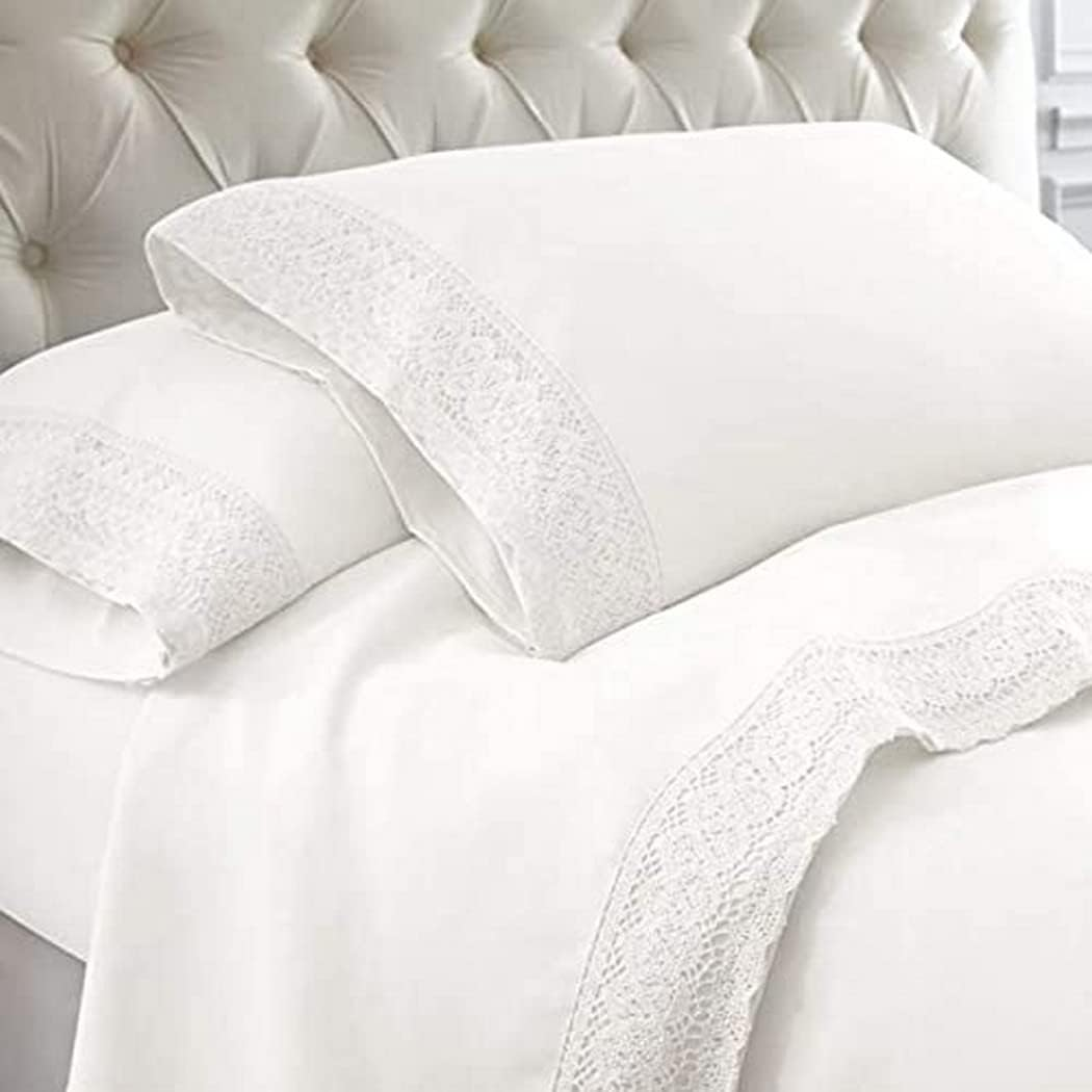 Shangri La Crochet Lace Microfibre Sheet Set, Queen, White