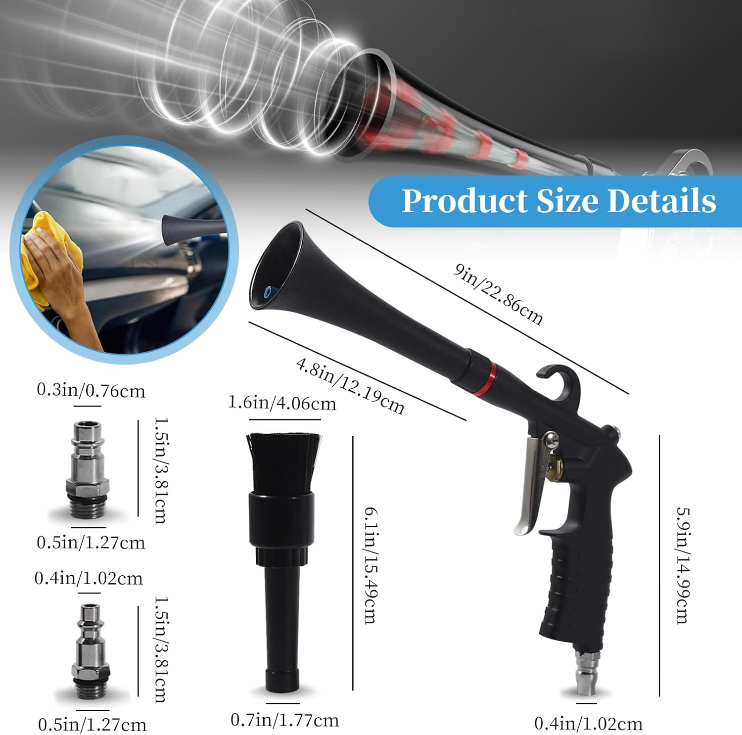 Car Cleaning Tool Set, High Pressure Air Blow Cleaner for Detailing, Multi-Purpose Car Duster Blower Cleaner Kit with Long Nozzle, Quickly Blast Dirt & Dust from Car Interior Cleaning (Black)