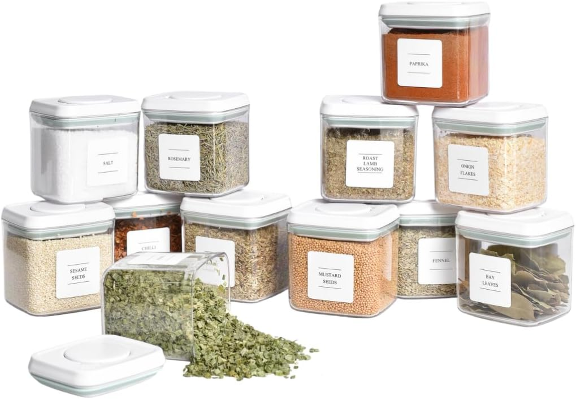 Blissful Little Home Airtight & Leak-Proof Push Top Spice Container Set &ndash; 12 Pack Bpa-Free Plastic Spice Jars with White Lids, Stackable Pantry Organisers for Fresh & Dry Food Storage image number 3