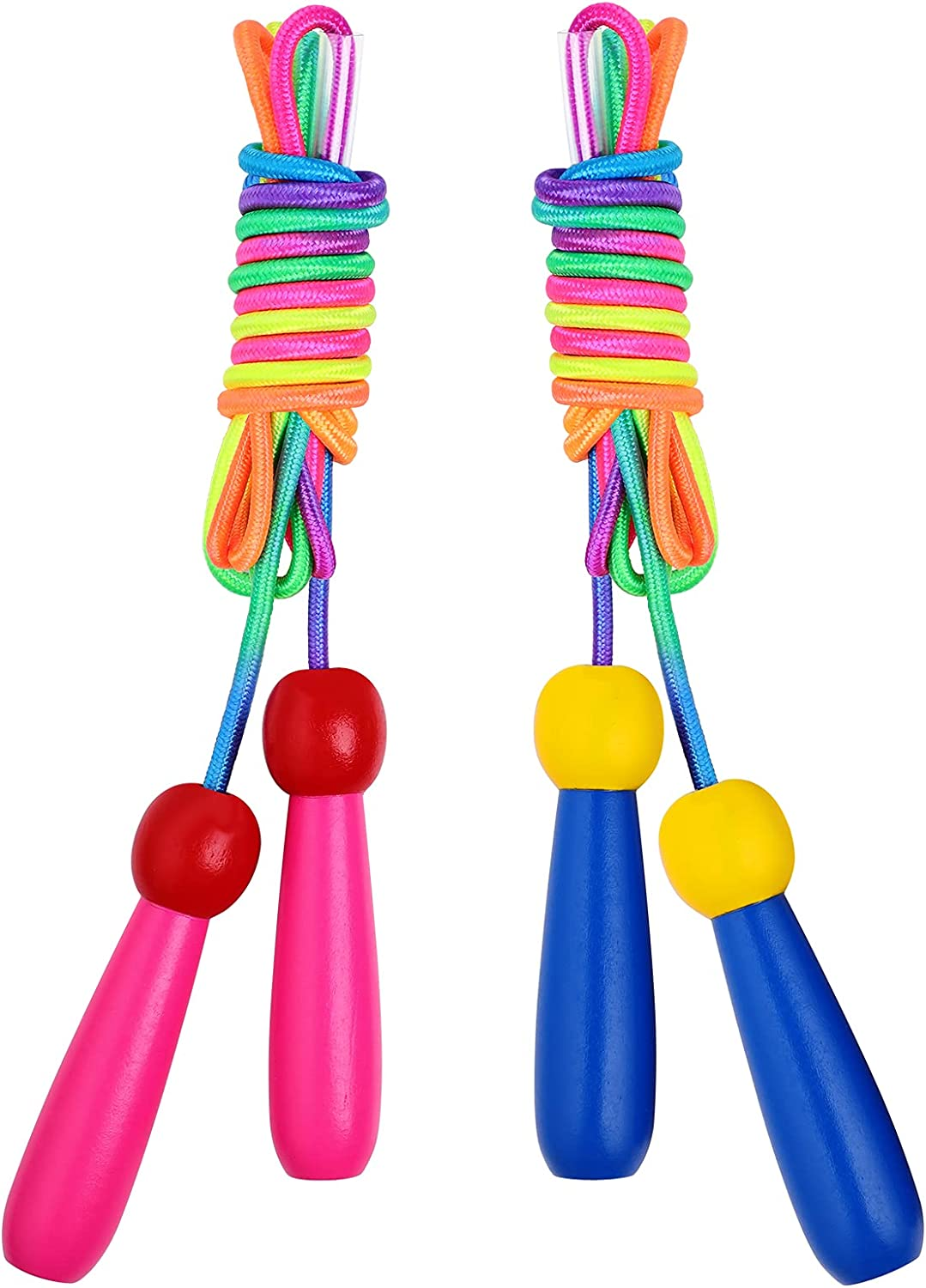 Hianjoo [2 Pack] Skipping Rope, Kids Adjustable Cotton Rope Wooden Handle Jump Rope for Children Boys and Girls for Exercise Fitness Training Weight Loss Outdoor Activity, Pink and Blue image number 4
