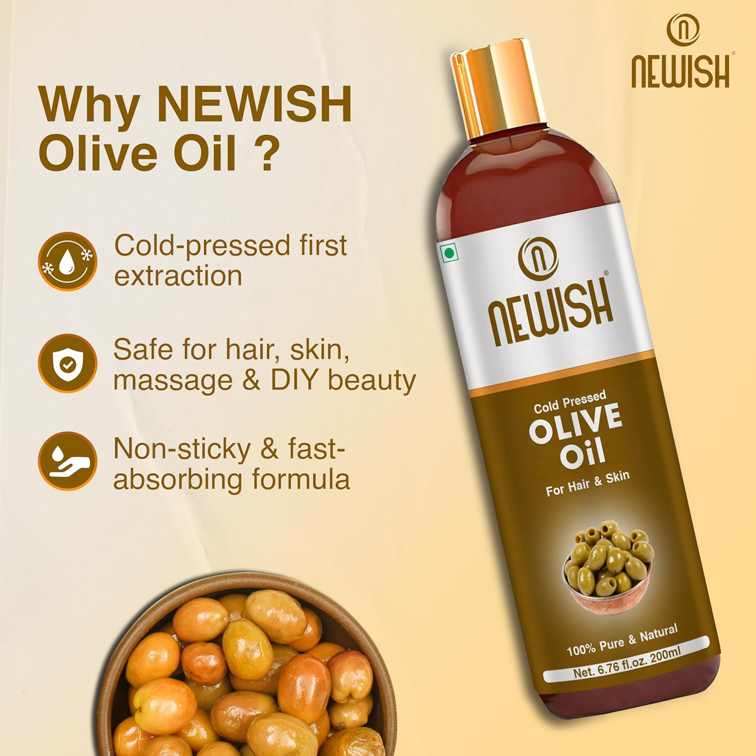 Newish&reg; Pure Cold Pressed Olive Oil for Hair and Skin,200Ml (Pack of 2) image number 1