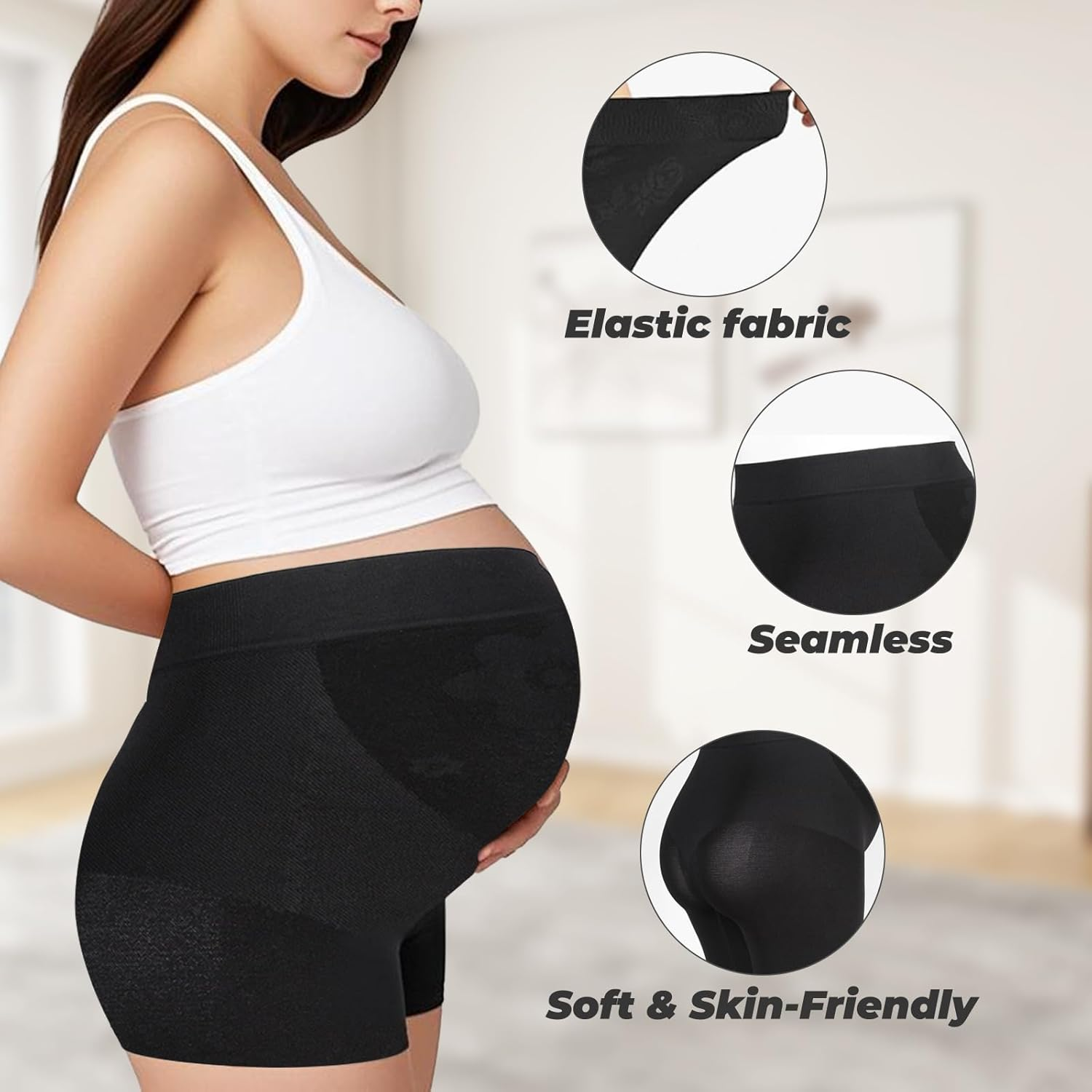 Maternity Shorts High Waist Mid-Thigh Maternity Shapewear Shorts Soft Women'S Shorts Seamless Maternity Shapewear for Belly Support Black image number 2