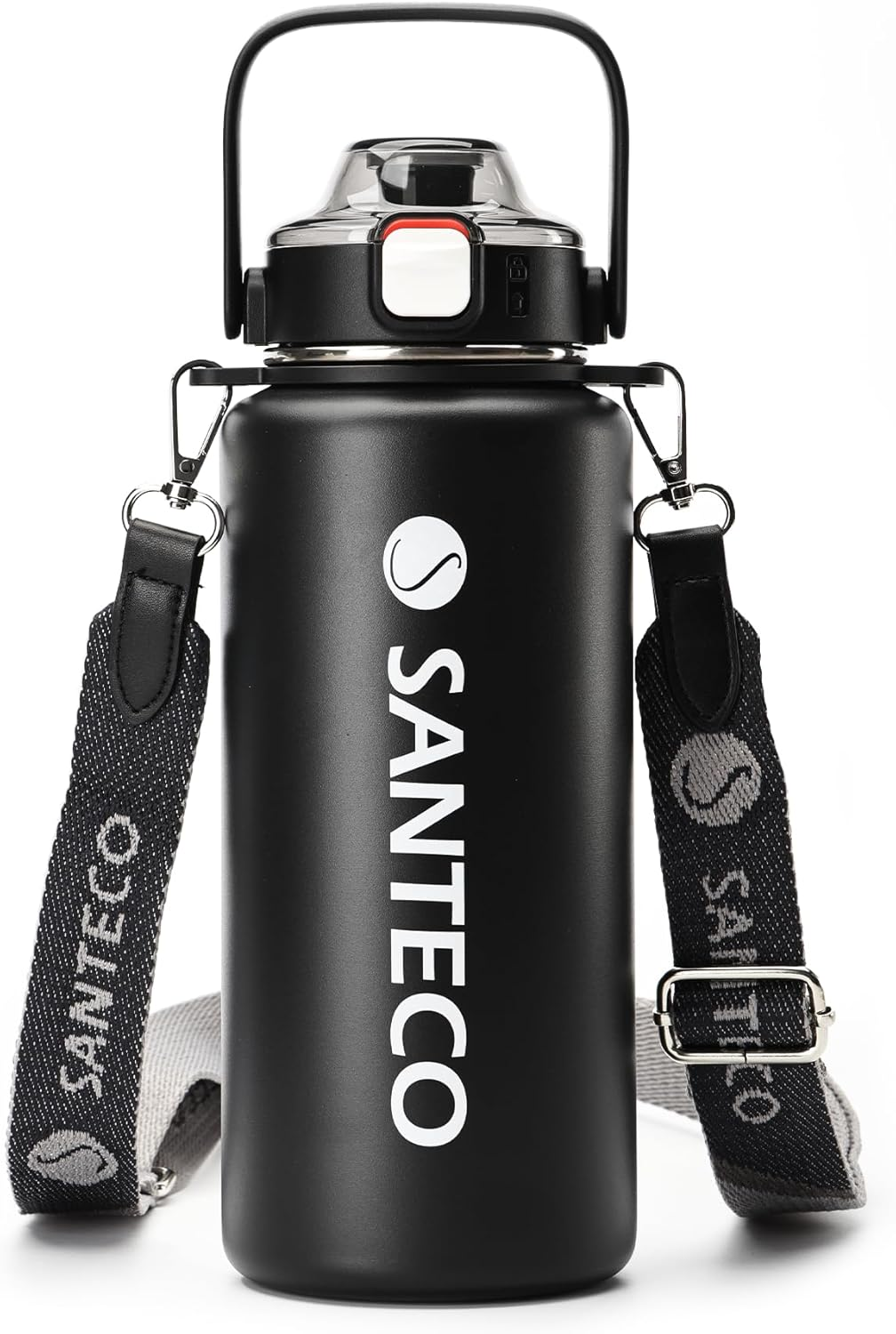 SANTECO 1.2L Vacuum Insulated Sports Water Bottle &ndash; Detachable Shoulder Strap, Leakproof, Keeps Hot 12H/Cold 24H, Wide Mouth with Straw (Silver, Stylish Design for Sports Drinks)