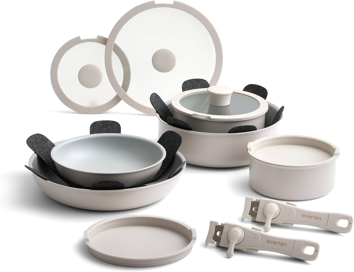 Everten Flex 16-Piece Nonstick Cookware Set &ndash; Detachable Handles, Space-Saving Design, PFOA/PFOS Free, with Pan Protectors &ndash; Warm Grey image number 4