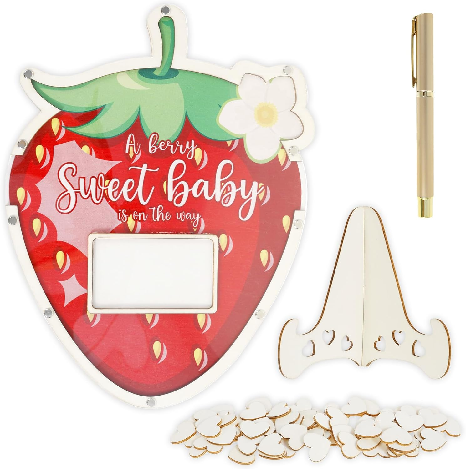 Strawberry Baby Shower Guest Book Decoration with Photo Frame and 60 Wood Slices Wood Guest Book Alternative a Berry Sweet Baby Is on the Way Decor for Birthday image number 4