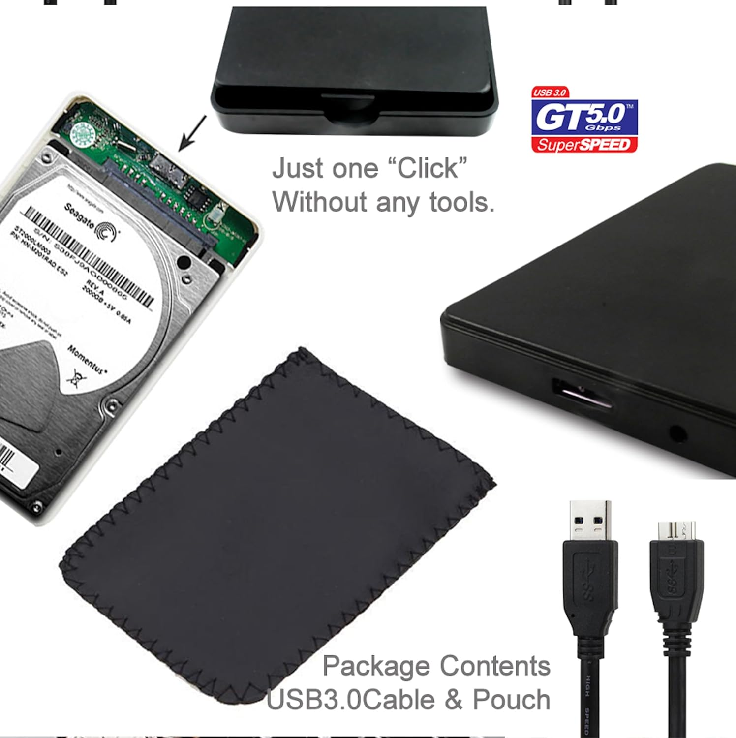 USB 3.0 External Hard Drive Case - 2.5" SATA HDD/SSD Enclosure (Up to 2TB), Tool-Free Design, UASP Support, Auto Sleep Function (Black) - Blue image number 1