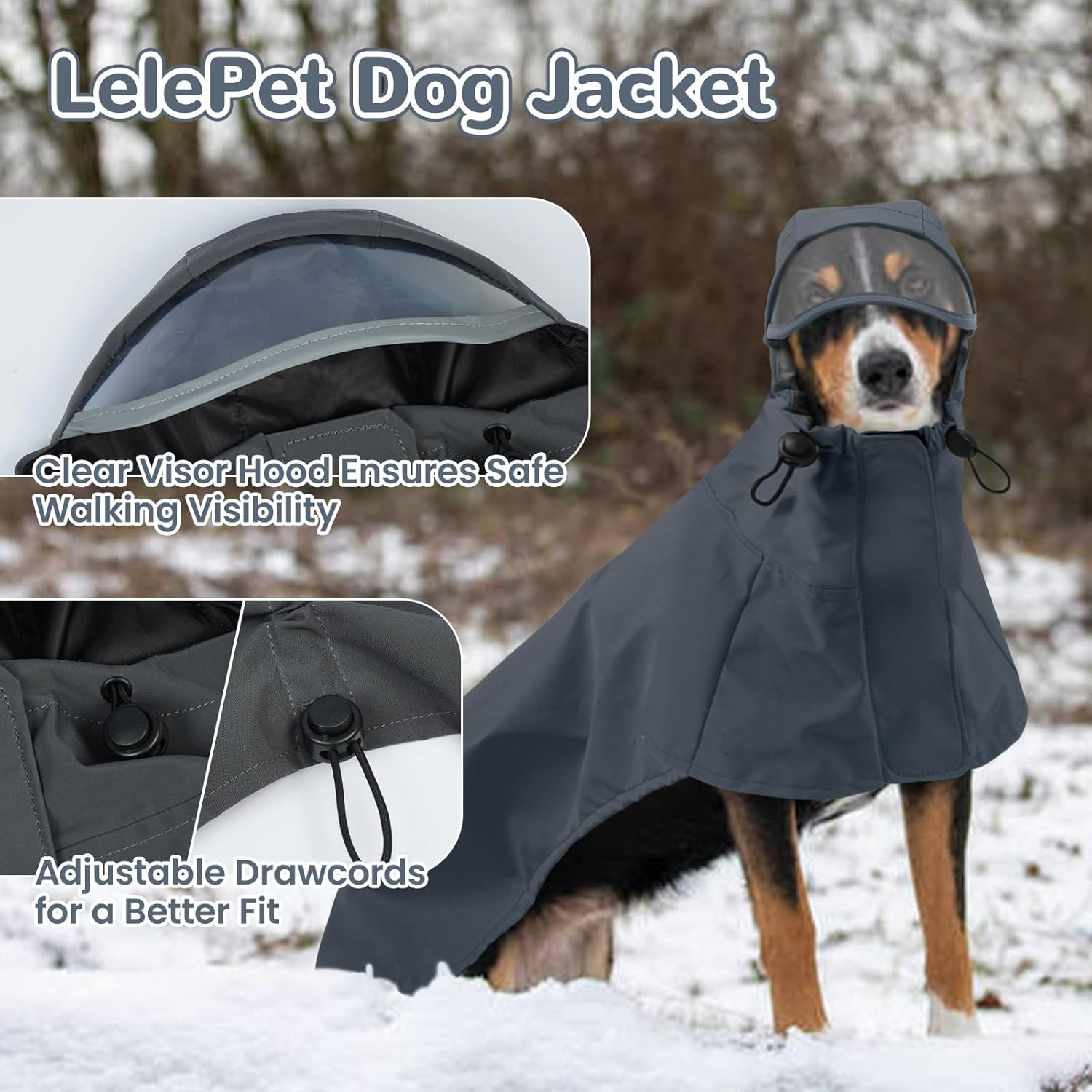 Lelepet Rain Coat for Large Dogs with Strip Reflective, Adjustable Dog Rain Jacket Poncho Hoodies with Hook & Loop Leash Hole, Windproof Clothes Dry Suit for Pets (Grey, 2XL) image number 3
