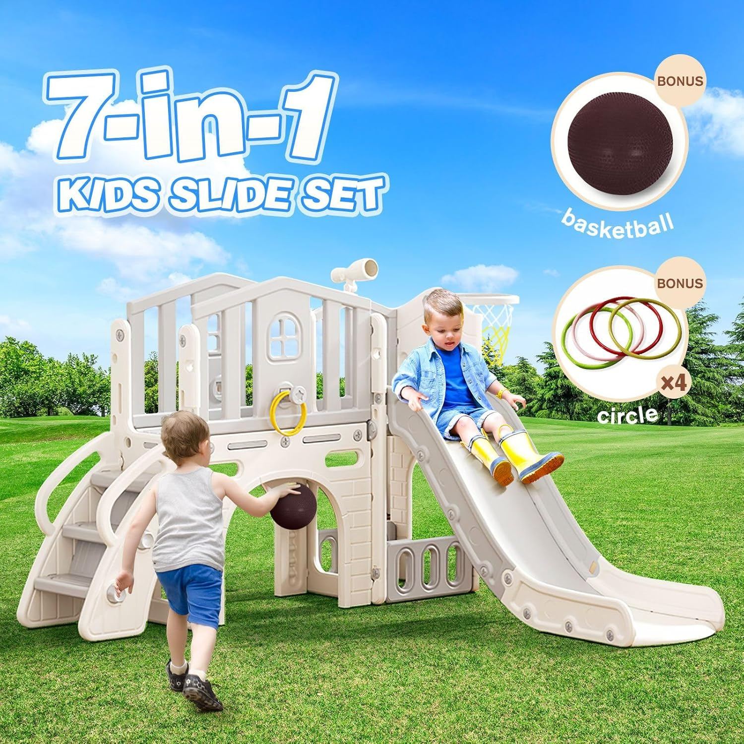 KIDBOT 7In1 Kids Slide Set with Basketball Hoop, Kid Playground Telescope Steps Activity Centre Tunnel Ring Toss Indoor Outdoor Playset Toy